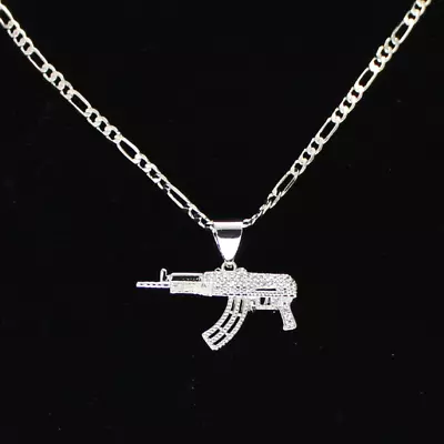 AK47 Gun Iced Cz Pendant Silver Plated 20  Figaro Chain Men's Necklace Hip Hop • $6.75