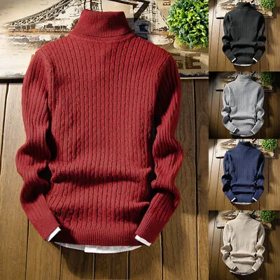 Mens Plain Casual Pullover Jumpers Tops Long Sleeve Turtleneck Knitwear Sweater • $22.16