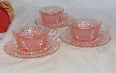 Pink Depression Glass Hocking MISS AMERICA Diamond Set Of 3 Cups & Saucers • $25