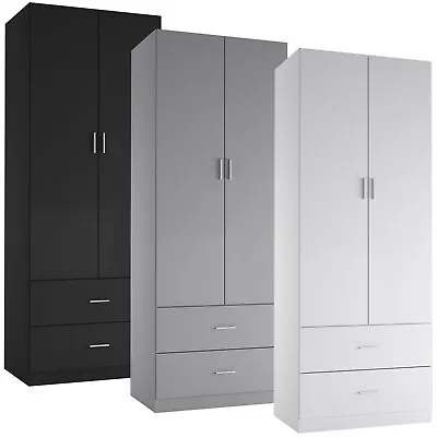 Orlando Wooden 2 Door With 2 Drawer Compact Wardrobe Bedroom Storage Hanging Bar • £124.99