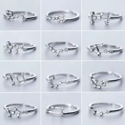 925 Silver Plated 12 Constellations Zodiac Zircon Ring Adjustable Women Jewelry • £2.99