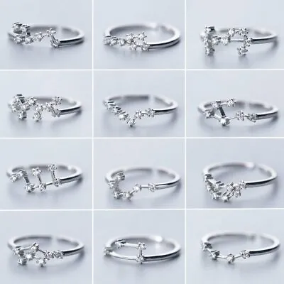 925Silver Plated 12 Constellations Zodiac Zircon Ring Adjustable Women Jewellery • £2.84