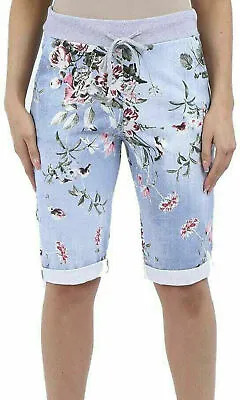 Women's Italian Shorts Ladies Elastic Waist Turn Up Summer Beach Pants Trouser • £11.95