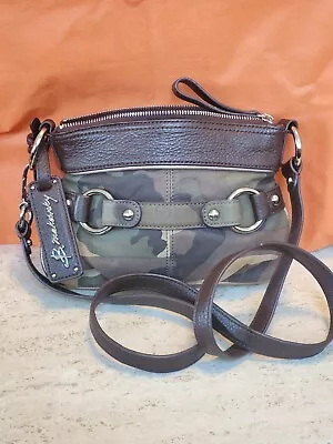 B. Makowsky Crossbody Shoulder Bag Camo Green/Brown Print ALL Leather ZipTop EUC • $58