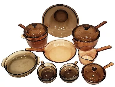Set Of 15 Vision WARE Visions Corning Pyrex Amber Brown Glass Cookware W/ Lids • $199.99