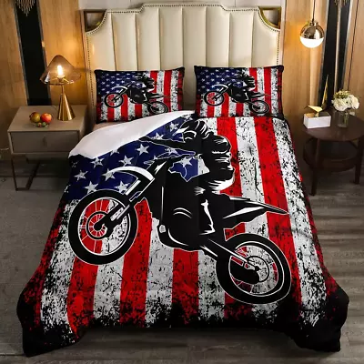 Dirt Bike Comforter Set Twin Motocross Comforter Retro American Flag Bedding Set • $105.70