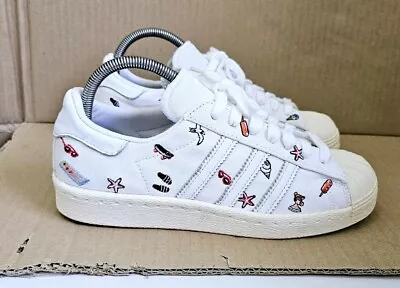 ADIDAS SUPERSTAR 80's TRAINERS SIZE UK 5 WHITE CANVAS WITH EMBROIDERY EXCELLENT • £45