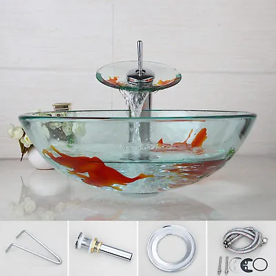 Golden Fish Washbasin Tempered Bathroom Nice Glass Sink With Water Faucet • $119.99