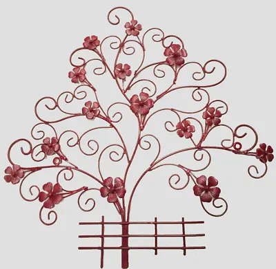 Contemporary Metal Wall Art Decor Sculpture - Tree Flowers Fence Red 42cm Height • £22