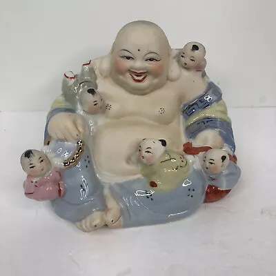 Vintage Chinese Porcelain Laughing Buddha With Five Children Statue Hand Painted • £93.09