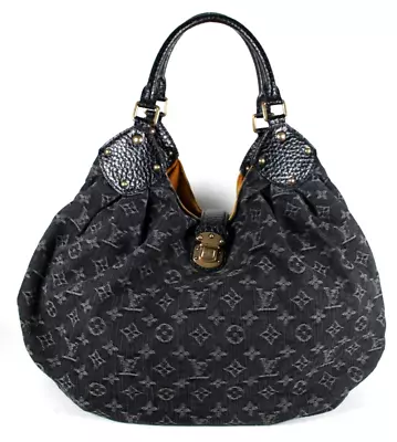 LOUIS VUITTON $2200 Black Monogram Denim Large MAHINA Hobo Shoulder Bag • $1198