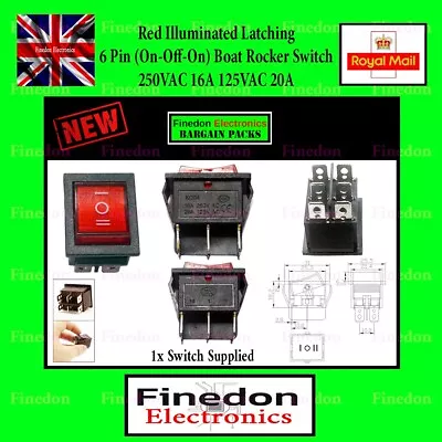 Red Latching Illuminated 6 Pin 3 Position On-Off-On Boat Rocker Switch 250V 16A • £3.48