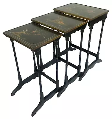 1920s Set Of 3 Chinoiserie Nesting Tables Raised Hand Painted • $845