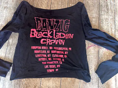 Danzig Black Crop Tops T Shirt Distressed New  Woman’s Size L Deep Crow Neck • £24.11