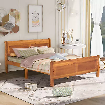 Queen Size Wood Platform Bed With Headboard And Wooden Slat Support (Oak) • $337.02