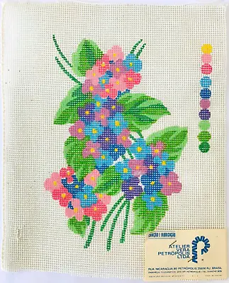Vintage Brazil Petitpoint Canvas Flowers Pink Blue Purple Atelier Vera 7.5 X 5  • $16.99