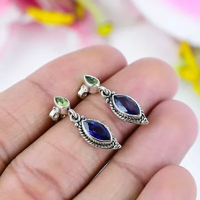 Iolite/Peridot Gemstone 925 Sterling Silver Earlobe Dangle Earrings Gift For Her • £22.86