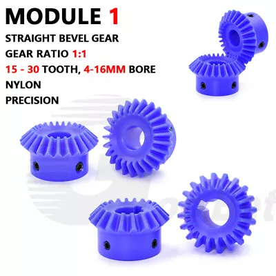 Straight Bevel Gear Module 1 90° 1:1 Pairing 15-30 Tooth 4-16mm Bore Nylon Blue • $10.79
