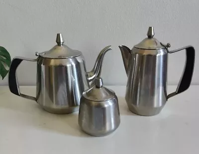 Vintage Oneida Japan 18/8 Stainless Steel Coffee + Tea Pot + Sugar Bowl Set Of 3 • $59.99