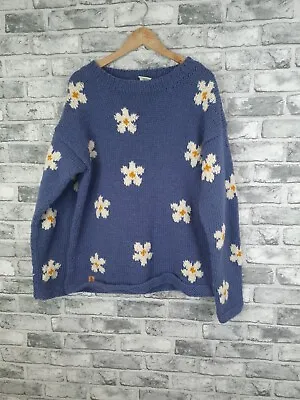 Pachamama Jumper Size Medium Daisies Blue Chunky Knit Pullover Sweater • £120