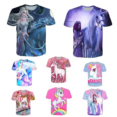 Kids Adults Women's Girls 3D Rainbow Unicorn Casual Short Sleeve T-Shirt Top Tee • £7.73