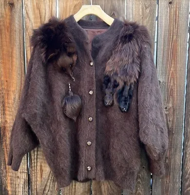 Vintage Angora Rabbit Fur Sweater Cardigan Brown Button Down. • $77