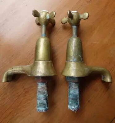 Pair Vintage Solid Brass Taps With Porcelain Tops • $60