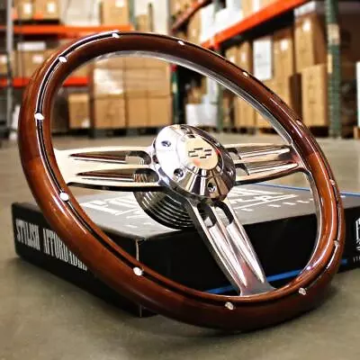 14  Inch Polished & Wood Steering Wheel Chevy Bowtie Horn  6 Hole C10 Camaro • $179.48