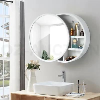 Round Wall Mirror Cabinet Bathroom Vanity Decor Makeup Jewellery Cabinet White • $119.95