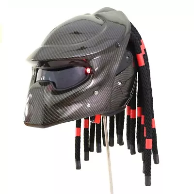 Black Rope Hair Predator Motorcycle Custom Helmet Carbon DOT & LED Light • $365.46