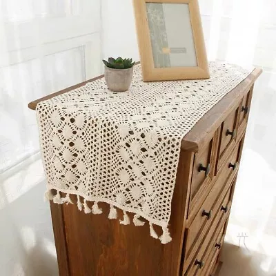 Vintage Crochet Lace Table Runner Boho Tassel Dining Room Home Decor 30x160cm • £9.47