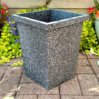 Tall Square Planter Stone Effect Plastic Speckled Grey Large Garden Cube Pot Box • £14
