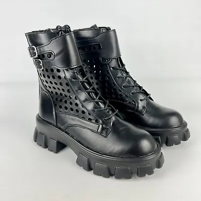 Mudd Womens Krystal Black Perforated Combat Moto Boots Faux Leather Size 8.5 • $53.99