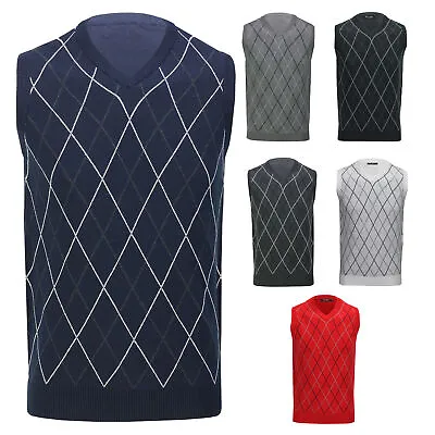 Mens Sleeveless Argyle Golf Jumper V Neck Sweater Smart Casual Pullover Top Vest • £24.99