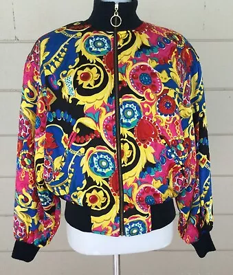 Vintage 80s Guess 100% Silk Bomber Jacket Full Zip Size Medium Hot Pink Floral • $54.87