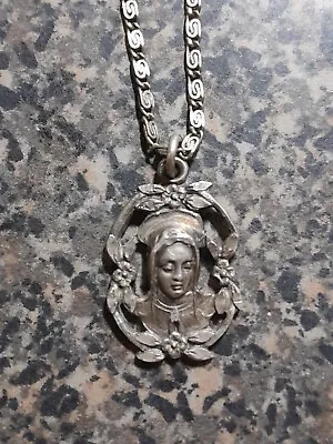 Vintage Blessed Virgin Mary Jesus Christ Sterling Medal Necklace 18  • $75
