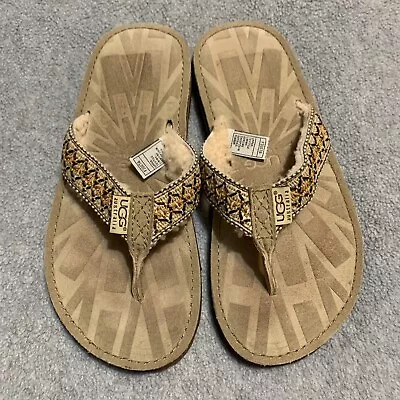 UGG Beige Sherpa Sheepskin Thong Flip Flop Sandals Women’s Size 6 Slip On • $27.99