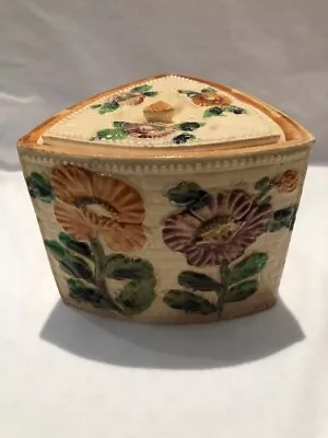 Vintage Japan Floral Biscuit Cookie Jar Basket Weave Ceramic Lidded Triangle • $8.75