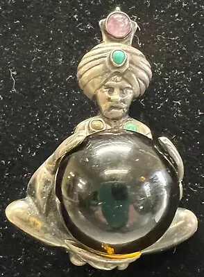Rare Vtg Mexico Silver Swami Fortune Teller W/ Crystal Ball Brooch Pin • $24.99