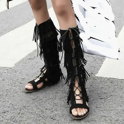 Womens Tassel Knee High Gladiator Sandals Flat Summer Boots Shoes Roma Lace Up • $56.08