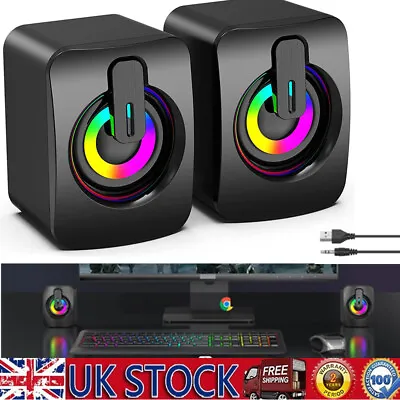 Computer Speakers Wired Mini USB 3.5mm LED RGB Stereo Bass For PC Laptop Desktop • £10.44