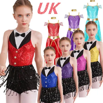 UK Kid Girls Sequins Party Costume Latin Belly Jazz Rumba Dance Leotard Jumpsuit • £5.82