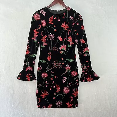 Aidan Mattox Dress Womens 2 Black Velvet Embroidered Knee Length Bell Sleeve • $15.40