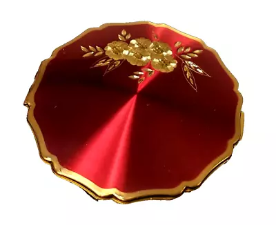 Vintage Stratton England Red Enamel Floral Etched Compact W Puff * NOS *- Estate • $25