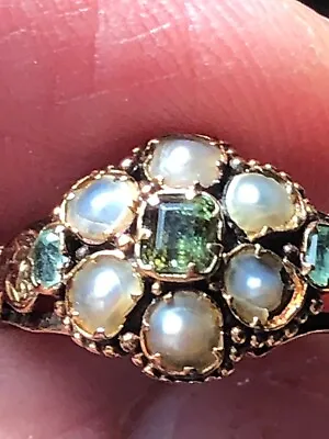 ANTIQUE VICTORIAN 14k GOLD Green Beryl PEARL FLOWER RING Mourning • $389.99