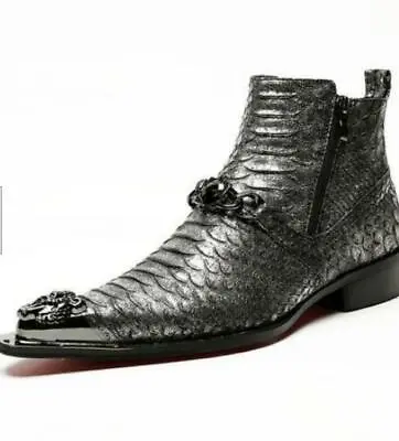 Chic Mens Metal Head Pointy Toe Wing Tip Leather Shoes Ankle Boots Textured Sz • $94.96