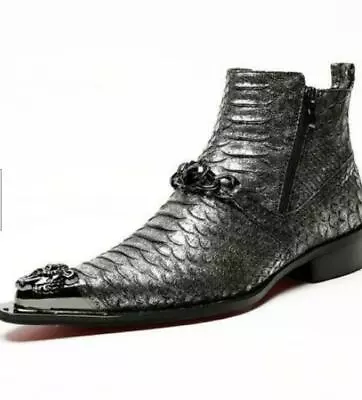 Chic Mens Textured Metal Head Pointy Toe Wing Tip Leather Shoes Ankle Boots  • $128.18