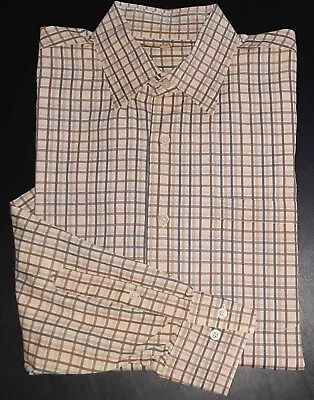 Sette Ponti Button-Front Stylish Club Shirt L Grid Plaid Tan Brown Blue S3880 • $24.99