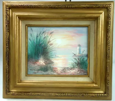 Vintage Painting K Cummings Seascape Lighthouse Beach Scene Oil On Canvas 8 X 10 • $29.88