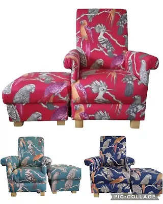 Adult Armchair & Footstool ILiv Aviary Garden Fabric Chairs Green Birds Jungle • £329.99